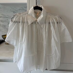 Banana Republic White Cotton Silk Puff Sleeve Blouse XXS Oversized Collar Pleate